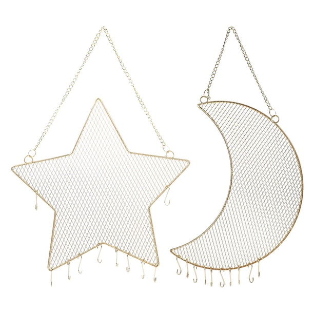 2 soportes para pendientes de pared, organizador de joyas colgante, expositor decorativo de hierro con forma de estrella y luna para collares y pulseras, dorados