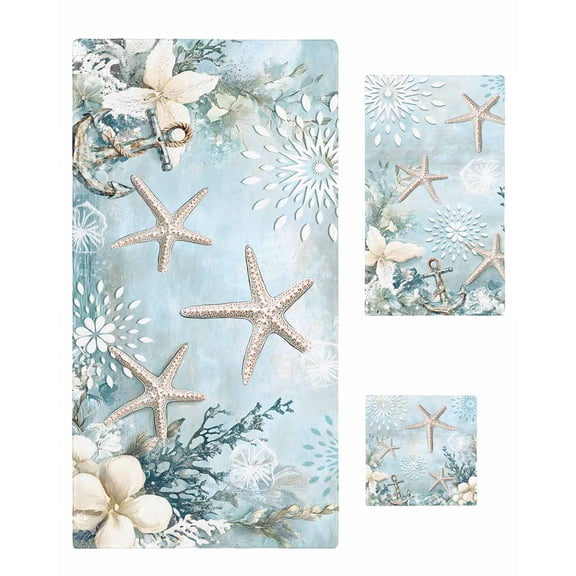Teal Ocean Coastal Towel Set of 3, Soft Microfiber Bath Towels, Hand Towel, Washcloths, Summer Beach Nautical Coral Starfish Quick-Dry Absorbent Towels for Bathroom Kitchen Hotel Beach Gym Spa