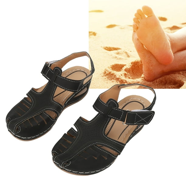 Sandalias De Plataforma Con Puntera Cerrada Para Mujer - Cuña 7 Cm, Suela TPR, Correa De Tobillo Ajustable