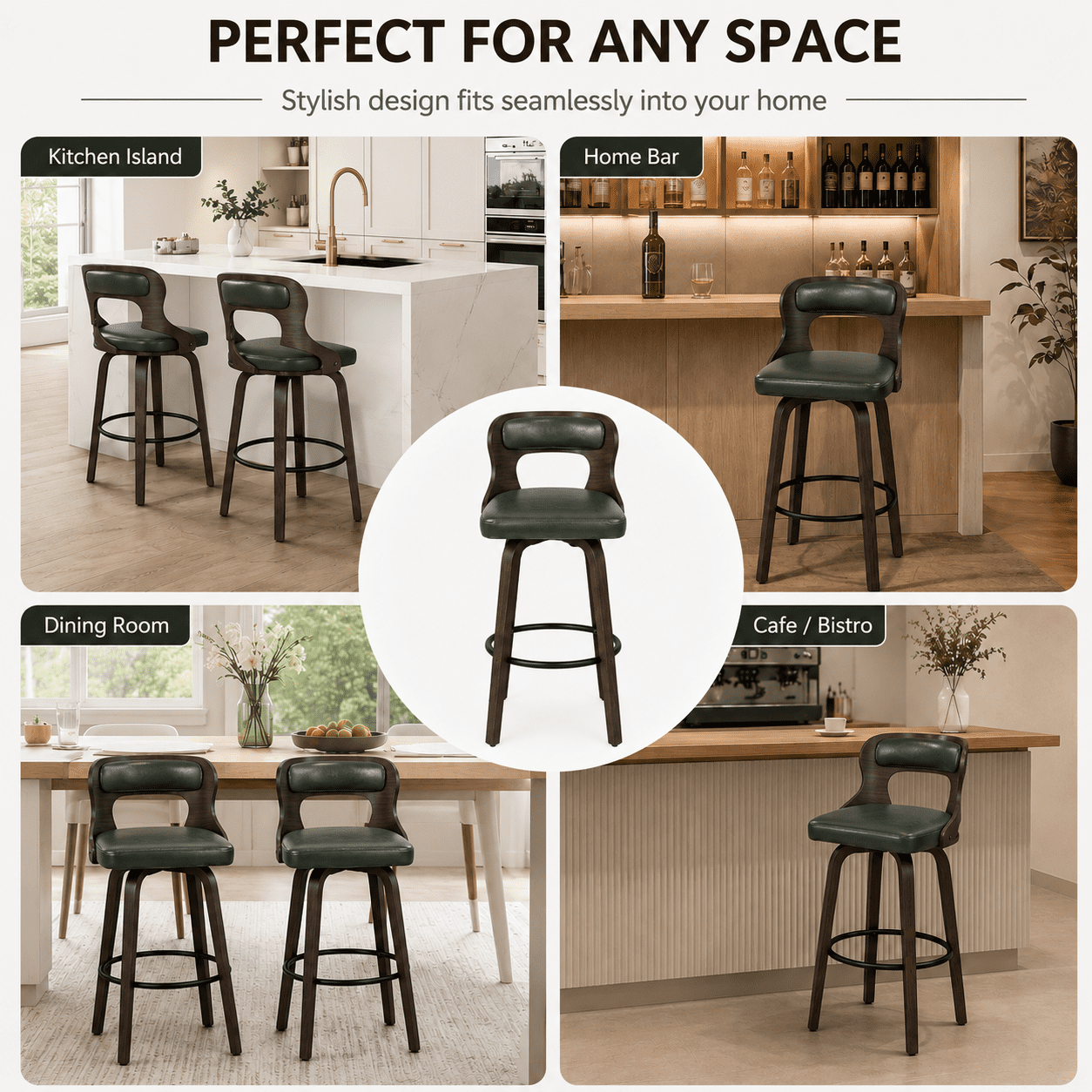 MOONMISS Bar Stools Set of 2, 29" Swivel Counter Height with Bentwood Legs and Back,Mid Century Modern Faux Leather Upholstered Counter Stools,Emerald