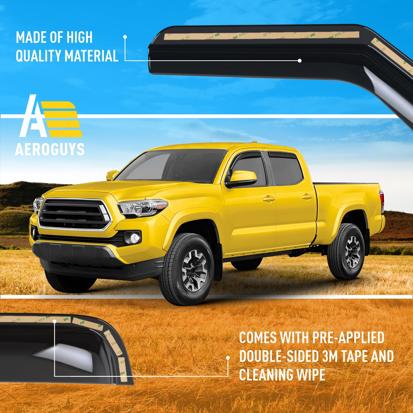 AEROGUYS In-Channel Window Deflectors Extra Durable Window Visors Rain Guards Fit for Toyota Tacoma 2016-2023 Double Cab, Sun Visors, Wind Deflectors, Vent Visors, Truck Accessories - 4pcs. AG0529