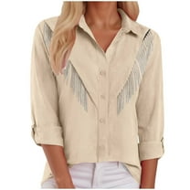 TTUHYWXI Womens Rhinestone Fringe Button Down Shirt Rolled 3/4 Sleeve Sparkly Top Concert Nashville Western Cowgirl Outfit (Beige, S)