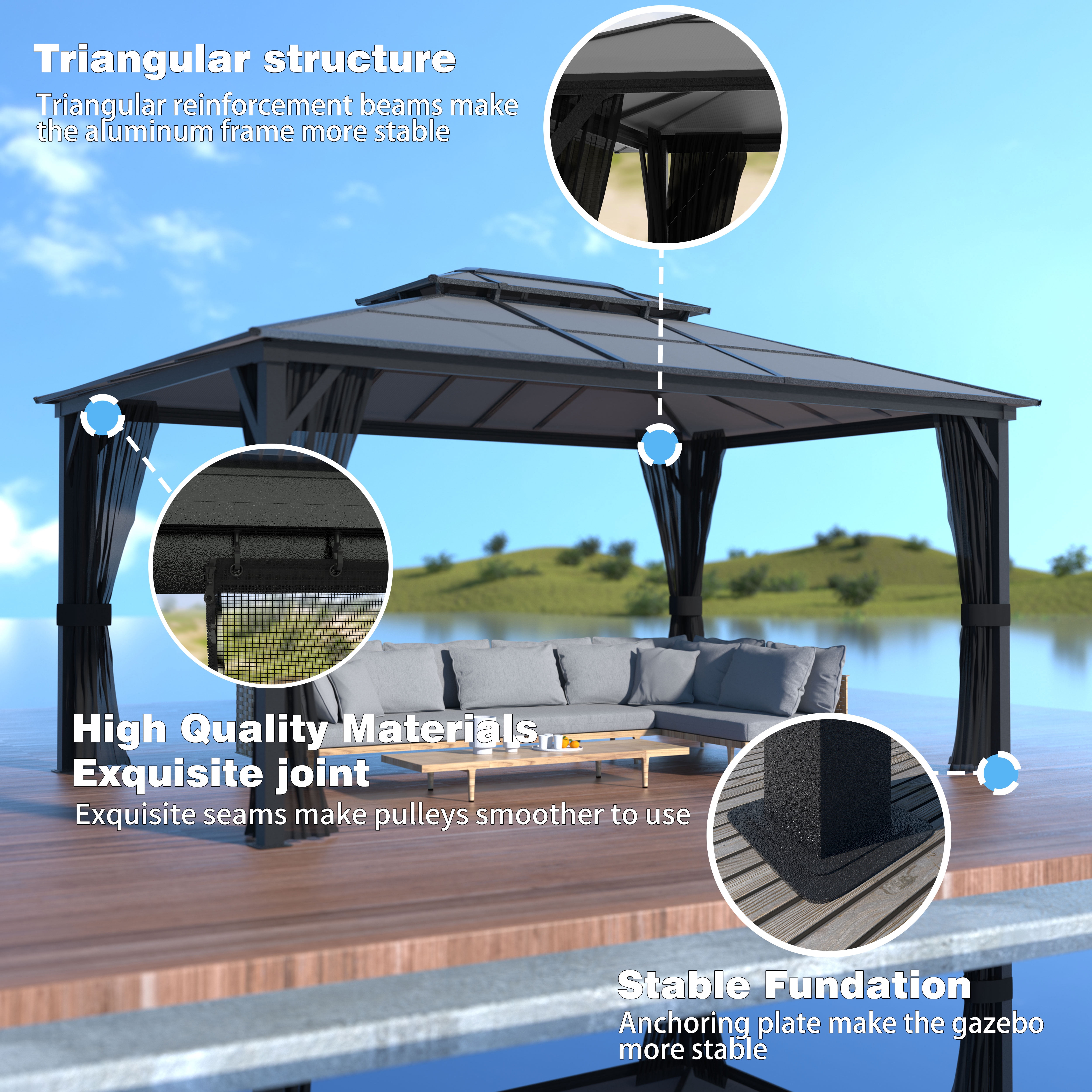 VEIKOUS 16' x 12' Outdoor Hardtop Gazebo, Double Roof Gazebo w/ Nettings for Patio, Garden