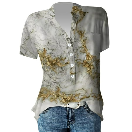 

Alrise Women s Printed Short-sleeved Button-down Casual Shirt White XXL