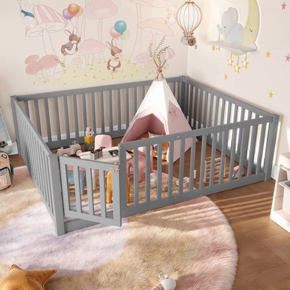 Bellemave Full Size Floor Bed with Door and Fence, Full Montessori Floor Bed, Wood Floor Bed with High Guardrails, Grey