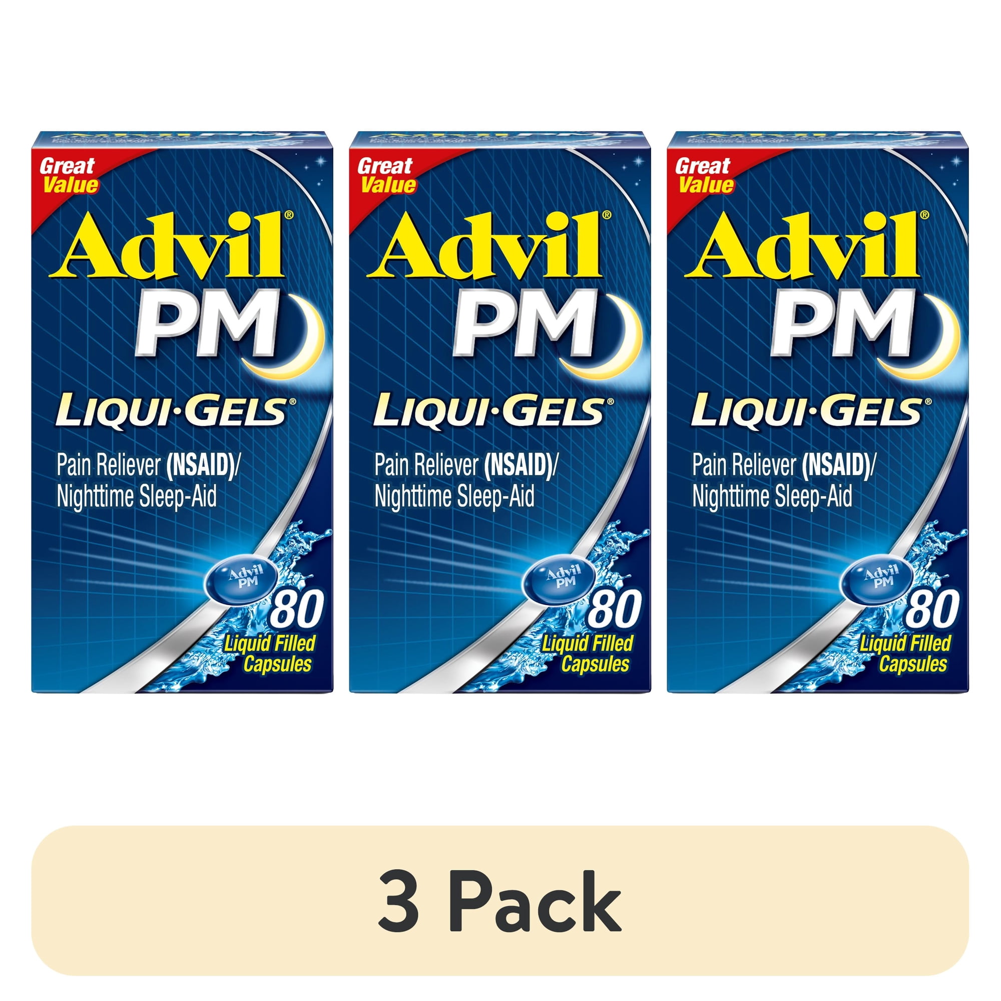 (3 pack) Advil PM Sleep Aid Pain Relievers, Ibuprofen, Diphenhydramine, Liquid Filled Capsule, 80 Count