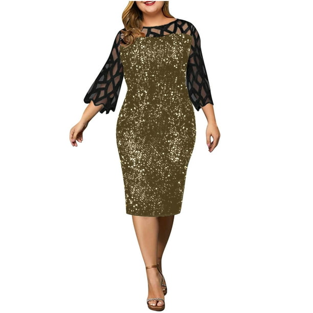 Plus Size Cocktail Dresses for Women Mesh 3/4 Sleeve Sequin Glitter Formal  Dress Elegant Wedding Guest Pencil Dresses 