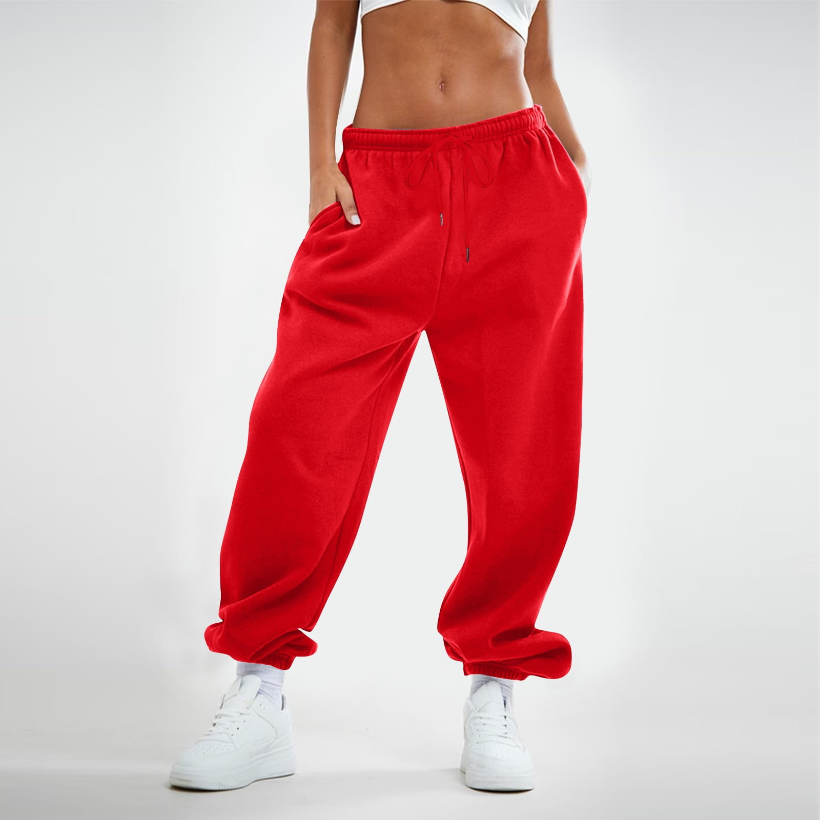 TQWQT Women's Sweatpants Fleece Baggy Casual High Waisted Workout Athletic  Cinch Bottom Comfy Fall Joggers Pants with Pocket Red 5XL 