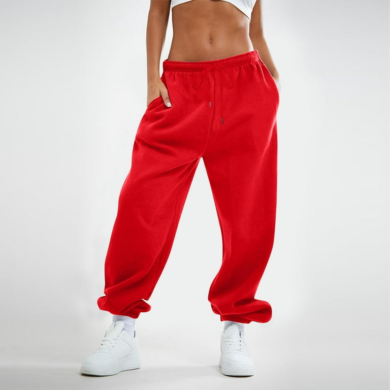TQWQT Women's Sweatpants Fleece Baggy Casual High Waisted Workout Athletic  Cinch Bottom Comfy Fall Joggers Pants with Pocket Red 2XL