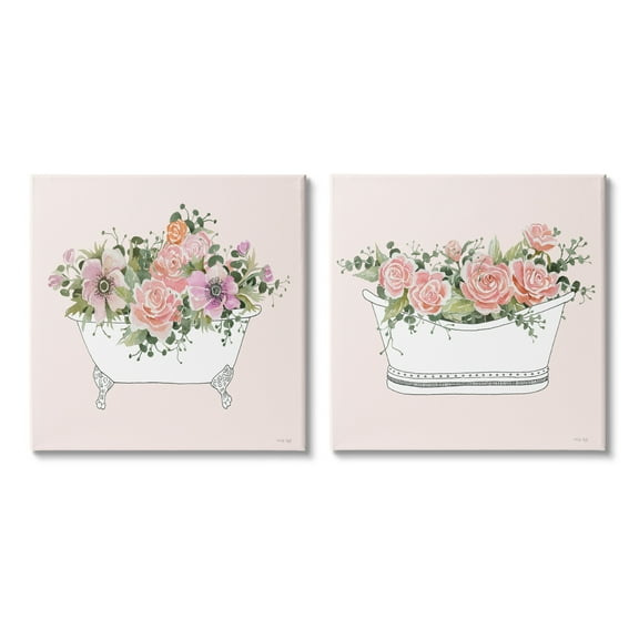 Stupell Industries Pink Floral Rose Blooms Bathtub Bathroom Botanicals Graphic Art Gallery Wrapped Canvas Print Wall Art, Set of 2, Design by Cindy Jacobs