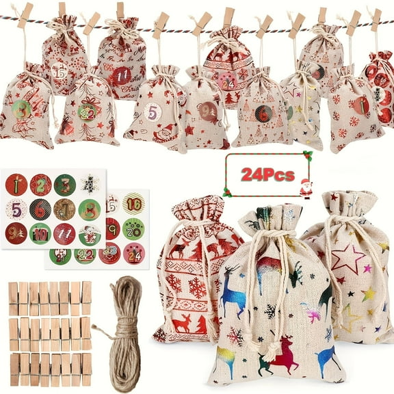 24Pcs Christmas Advent Calendar Bags, Christmas Gift Bags, 24 Days Burlap Hanging Advent Calendar, Gift Drawstring Bag, Countdown Decoration, Christmas Party Bag, Party Favor Supplies