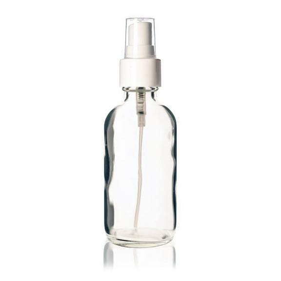 4 oz CLEAR Boston Round Glass Bottle- w/White Fine Mist Sprayer - pack of 8