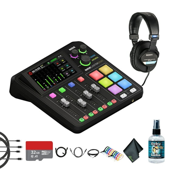 RODE RODECaster Duo Integrated Audio Production Studio | Compact Mixer with Dual USB Interface & Bluetooth | For Podcasting & Live Streaming (RCDUO)   Studio Headphones   32GB MicroSDHC Card   More