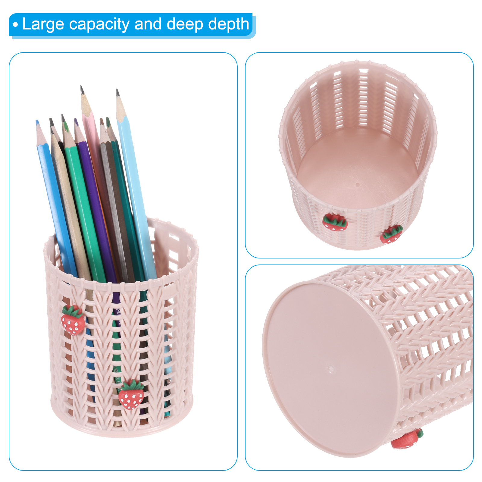 Unique Bargains Plastic Pen Holder for Desk Cute Strawberry Cup Organizer 2Pcs Pink