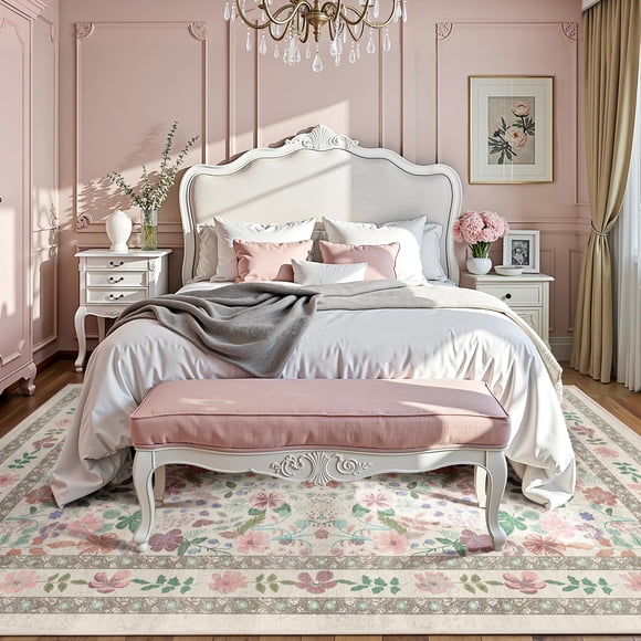 Deerly Floral Rug 5x8 Vintage Boho Washable Non-Slip Living Room Carpet Soft Low Pile Thin Bedroom Floor Mat Indoor Home Decor for Dining Room Playro