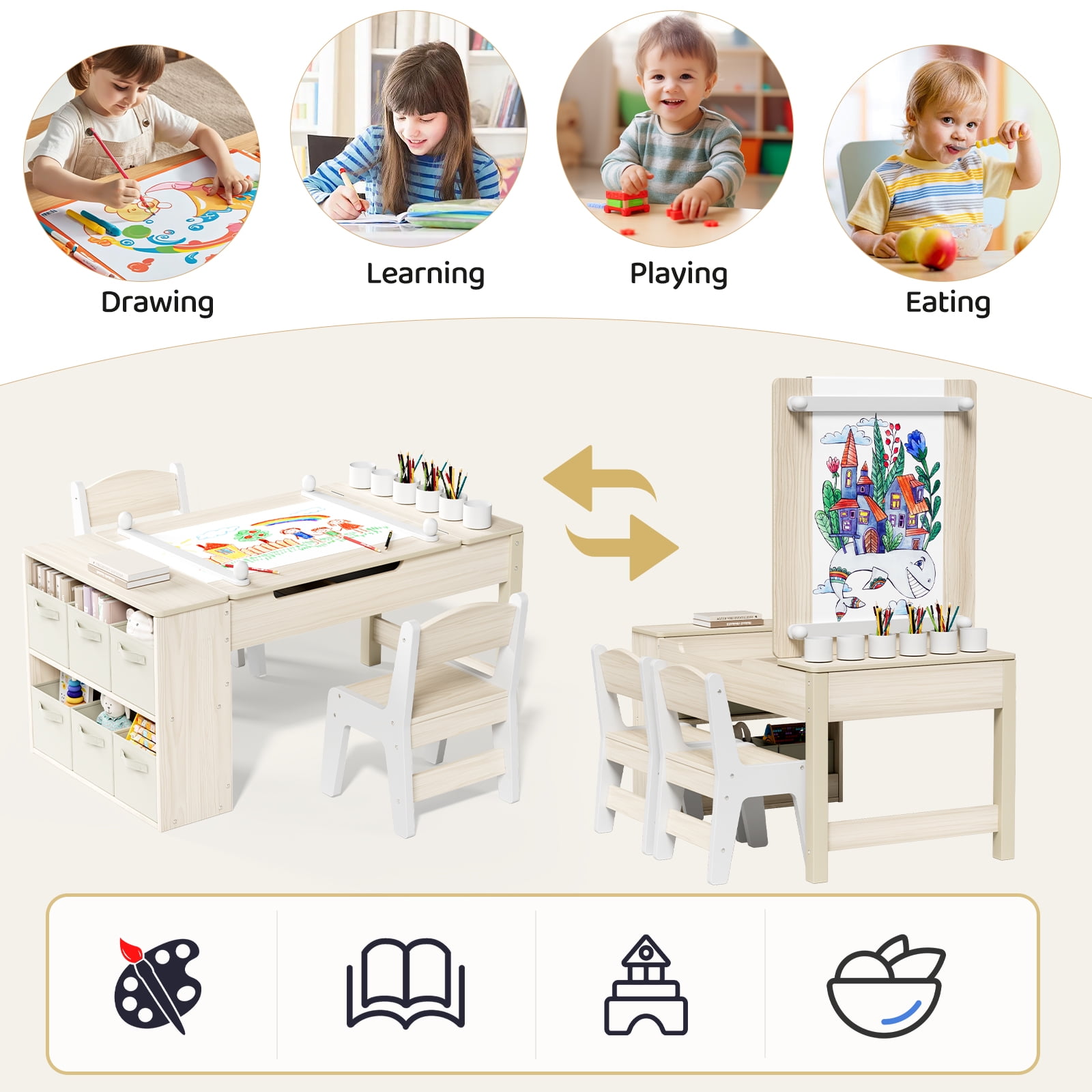 TLSUNNY Kids Art Table and 2 Chairs Set, Toddler Activity Desk with Storage Bins, Paper Roll, Paint Cups, Wooden Craft Table and Chairs Set for Boys & Girls