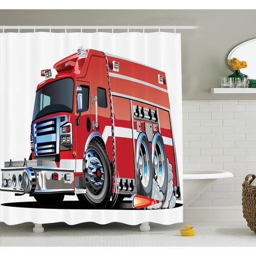 Ambesonne Cartoon Fire Truck Rescue Team Shower Curtain Set