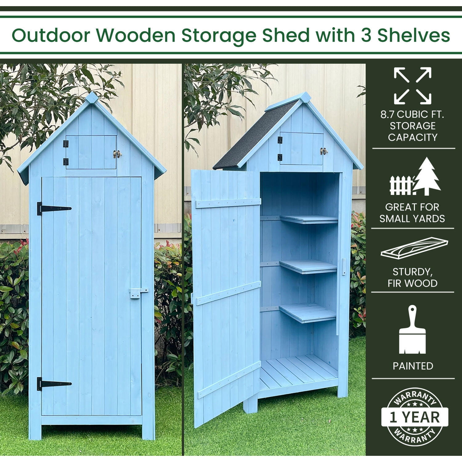 Hanover Outdoor Vertical Wooden Storage Shed for Tools, Equipment, Garden  Supplies, with Shelf and Lock, 8.7 cu. ft. Capacity - HANWS0102-BLU
