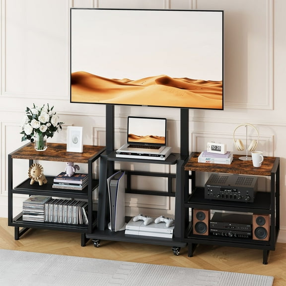 Rolling TV Stand with Storage Shelf for 32-75'' Screen, Mobile TV Stand Height Adjustable Entertainment Center for Living Room Bedroom Office