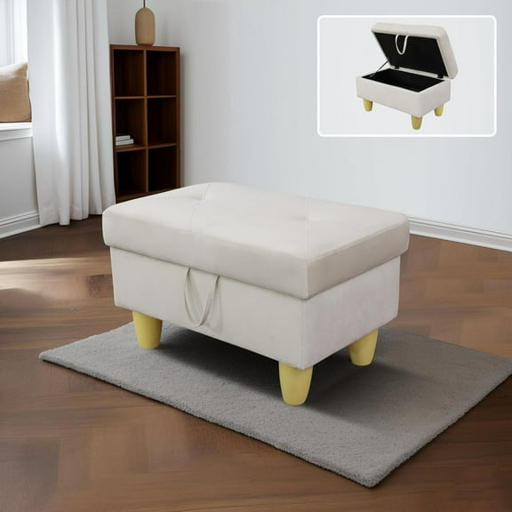 Storage Ottoman Upholstered Faux Leather Rectangle Ottoman with Storage Foot Stools Ottoman for Couch with Thicker Foam for Living Room, Bedrooms and Apartment, Milky White