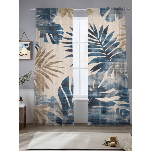 Blue Brown Palm Leaf Sheer Curtains for Living Room Bedroom Farmhouse Summer Botanical Sheer Curtains 96 Inch Long 2 Panels Set Light Filtering Curtain Window Treatments Drapes for Dining Room