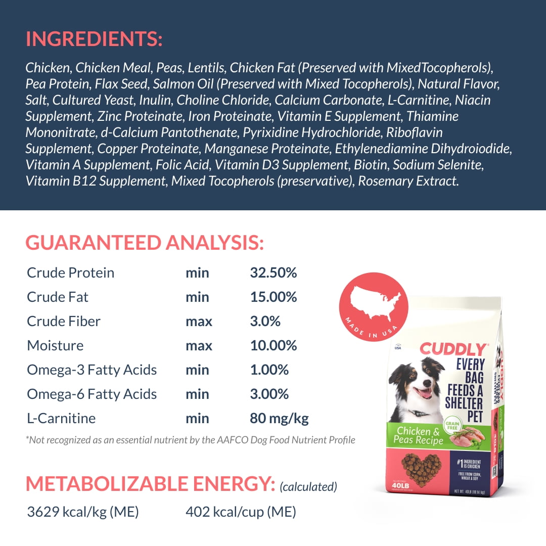 CUDDLY Grain Free Dry Dog Food, Chicken & Pea, 25lb Bag