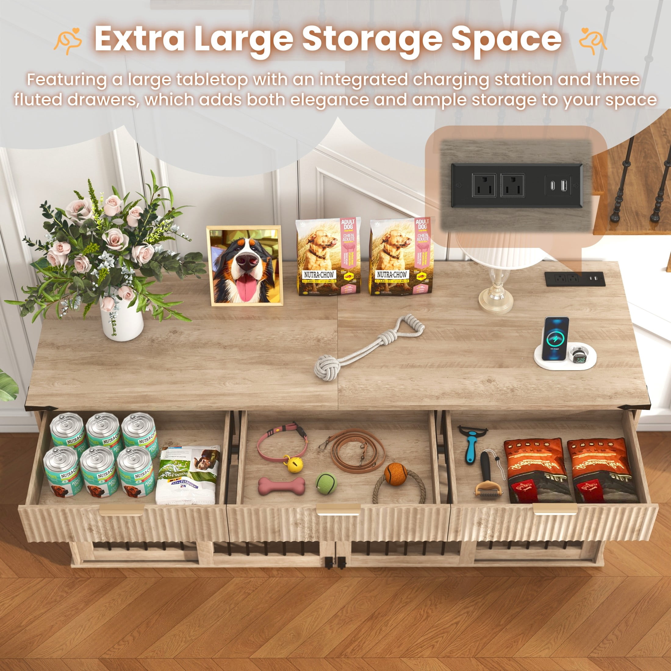 Noble House 71" Double Dog Crate Furniture with Fluted Drawers, Large Kennel with Charging Station, Plaid Grey Oak