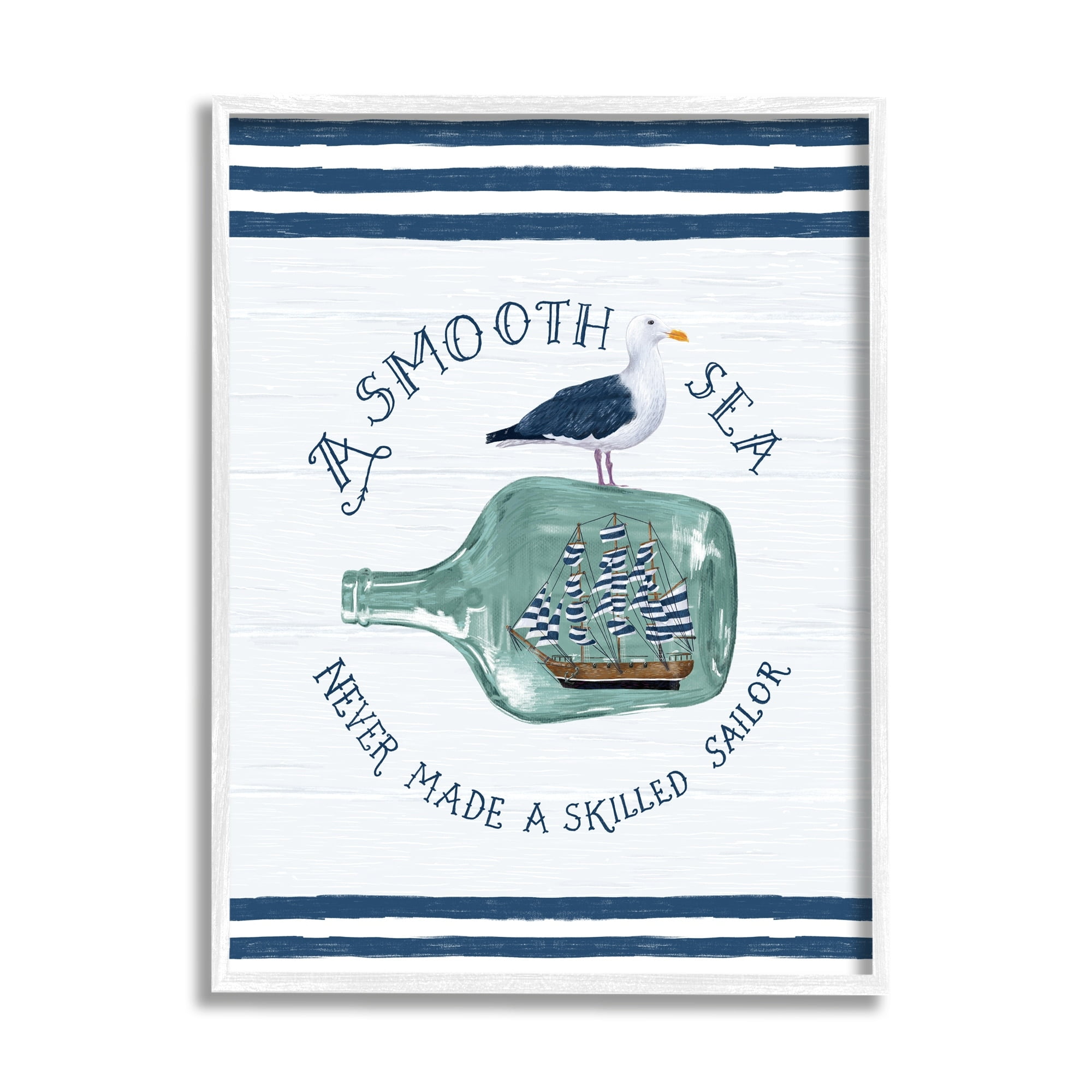 Stupell Industries Ship In Bottle Seagull Striped Nautical Phrase Graphic Art White Framed Art Print Wall Art, Design by Raquel Maciel