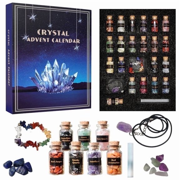 24-Day Crystal Advent Calendar – Gift Set Featuring Natural Healing Gemstones and Bottles of Crystal Chips (Suitable for Adults and Witchcraft Beginners)