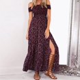 thumbnail image 1 of BJYX Robe d'Été Femme Décontractée Épaules Dénudées Plissée Boho Imprimé Floral Robe de Vacances Fendue Robes Longues de Soirée, 1 of 2