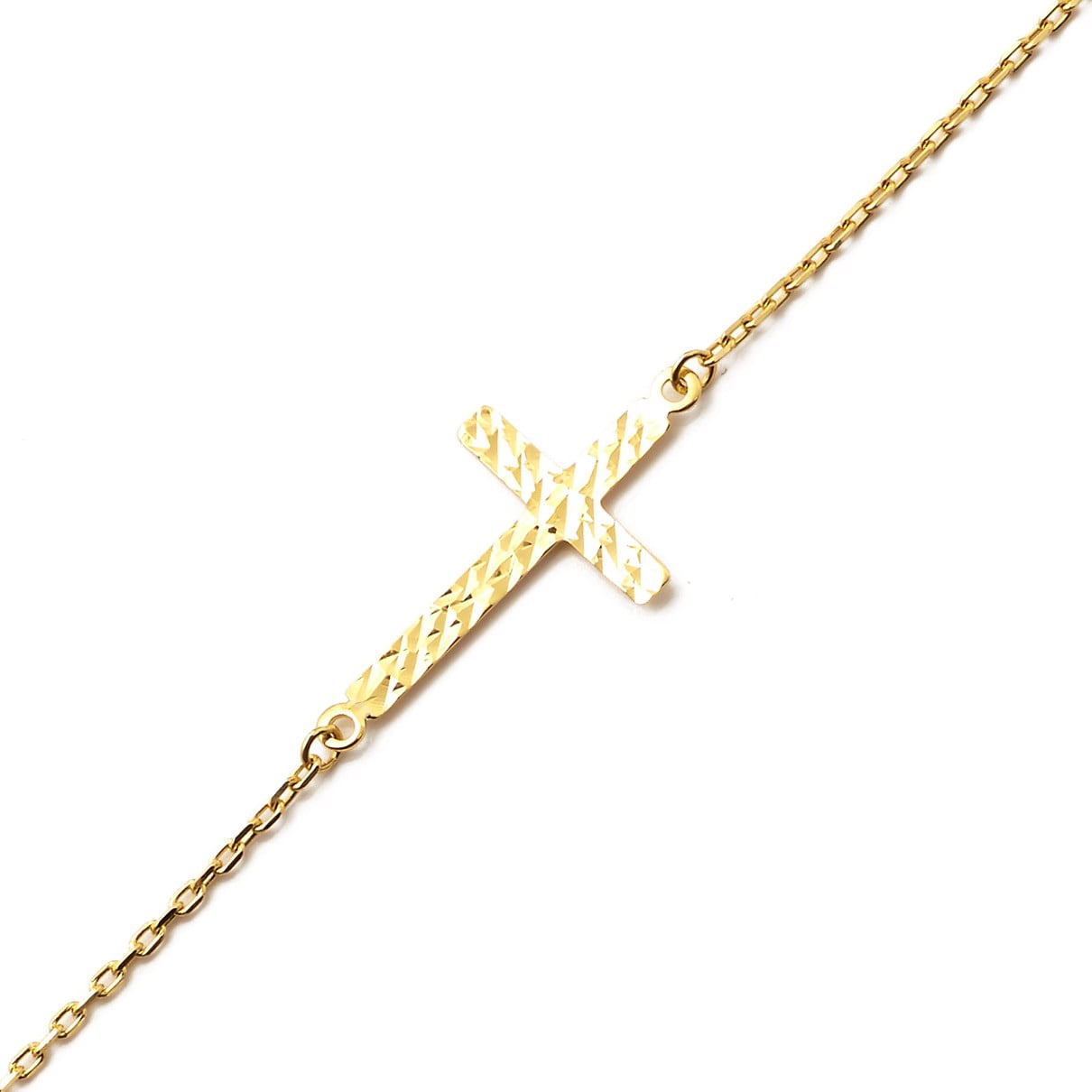 LOVEBLING 10K Yellow Gold .5mm Rolo Chain with Diamond Cut Cross Charm Anklet Adjustable 9" to 10" (#46)