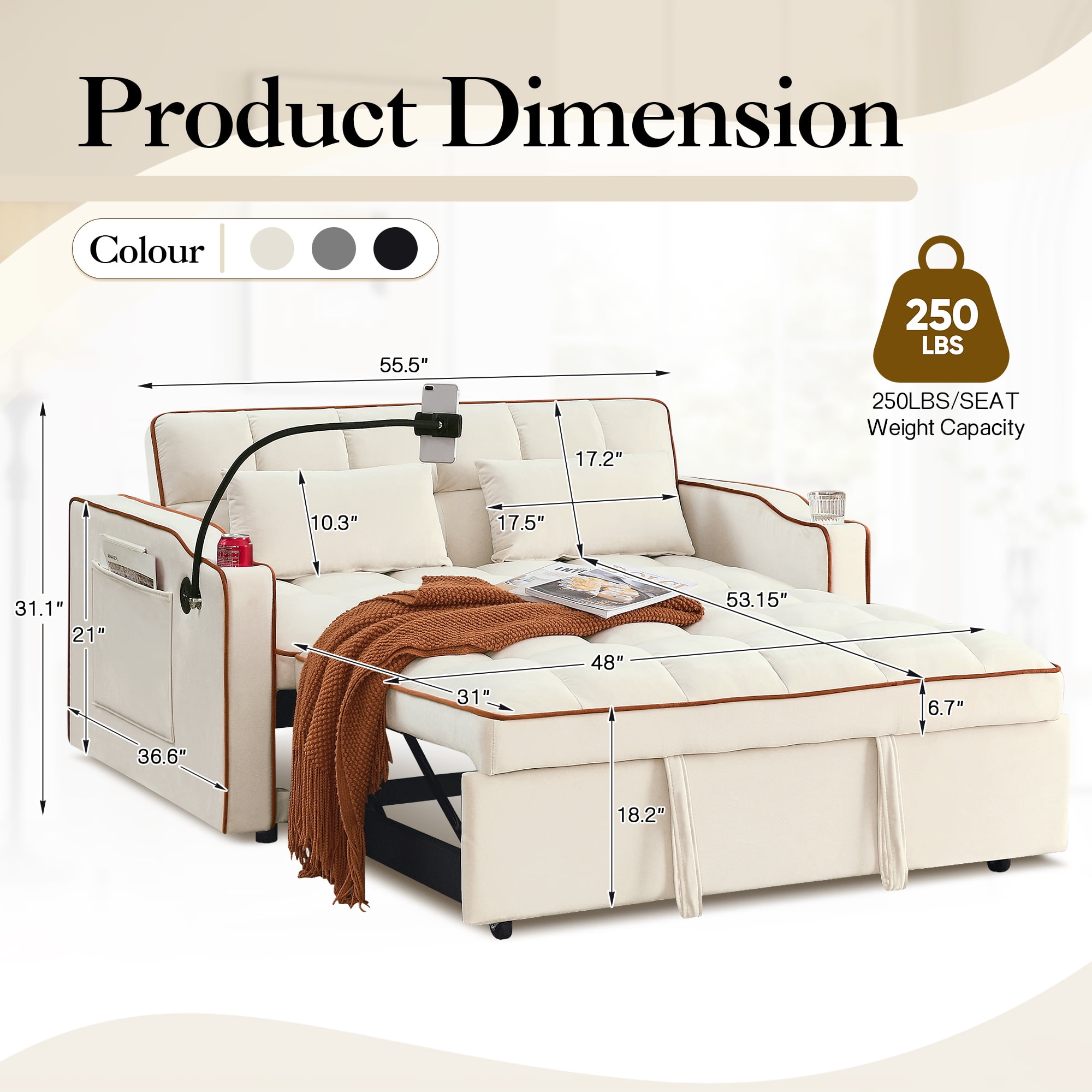 Dinosisco 3-in-1 Convertible Futon Sofa Bed, Loveseat Sleeper with Phone Stand, USB, Beige Velvet