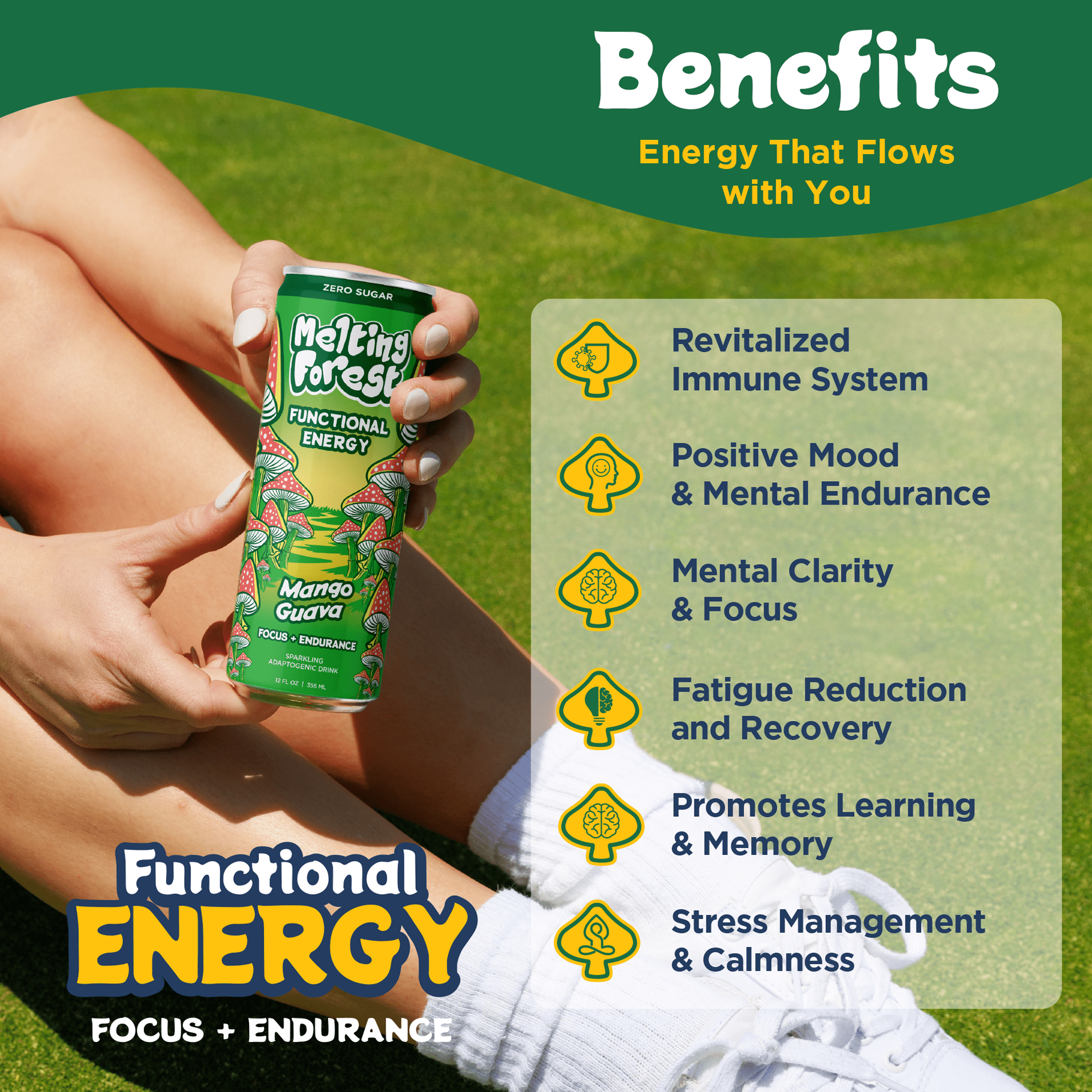 Melting Forest Mango Guava Mushroom Energy Drink, Lion's Mane & Cordyceps, Zero Sugar 12 Pk