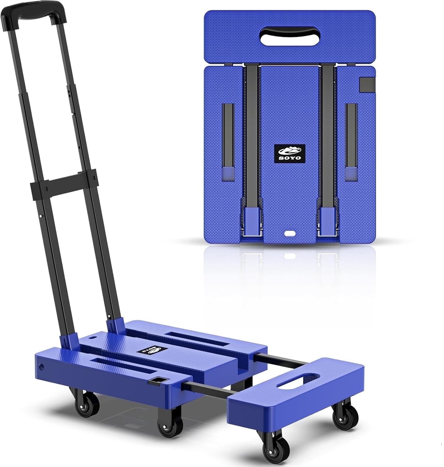 LLMRR Folding Hand Truck, Heavy Duty Dolly Cart, Collapsible Luggage Cart with 6 Wheels & 2 Elastic Ropes, 500 LB Capacity Portable Luggage Cart for Moving, Traveling and Shopping, Blue