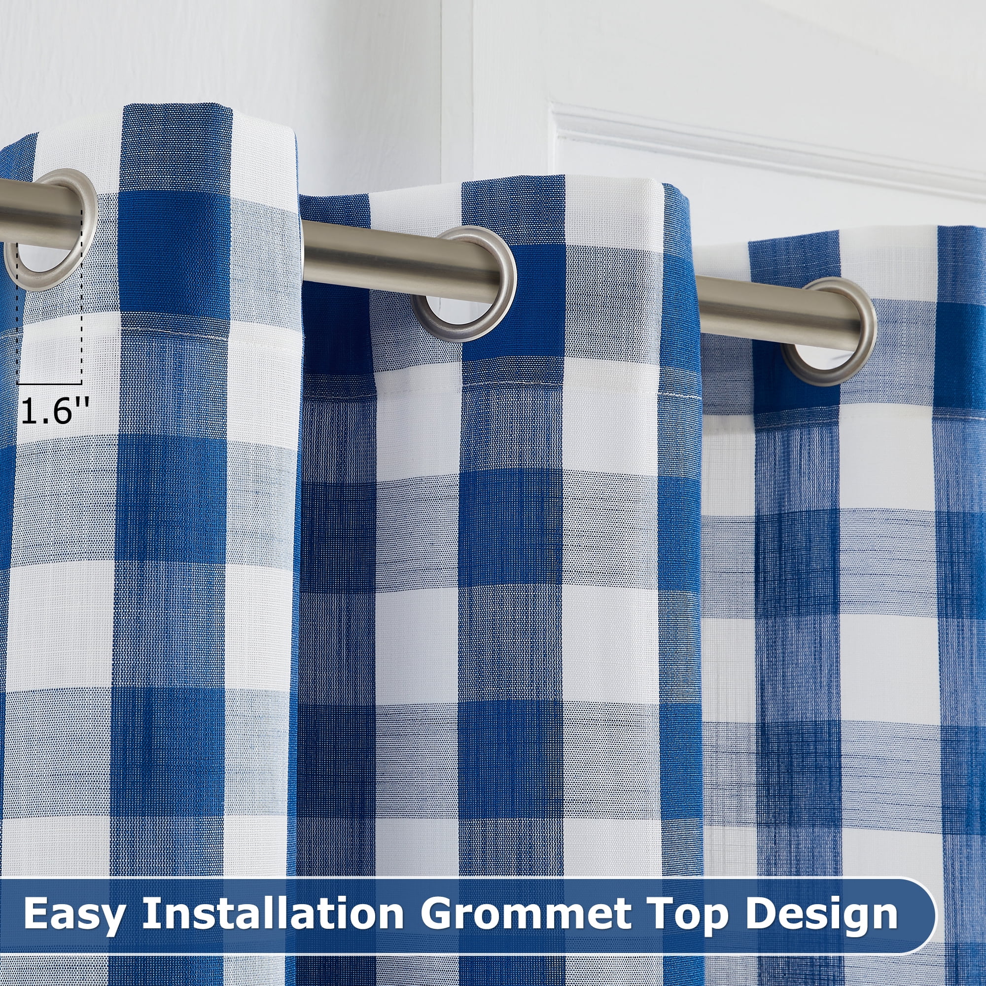 Flowpartex Blue and White Buffalo Check Semi Sheer Curtain Panels Plaid Textured Curtains Drapery, Farmhouse Grommet Window Drapes for Living Room Bedroom, 40"Wx90"L Set of 2