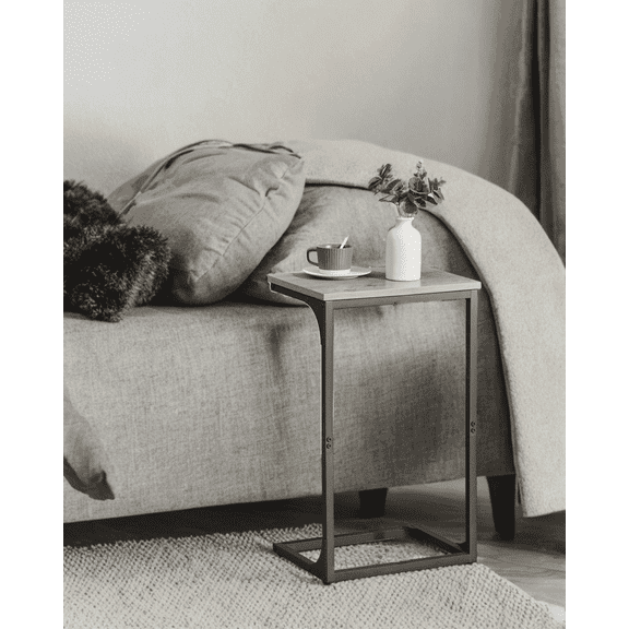 LEDREM 2PCS Slim C‑Shaped Side Table, Slide Under Sofa & Bed, Stable Steel Frame, 26.2” Height, Compact Space-Saving Bedside Table, Greige and Black