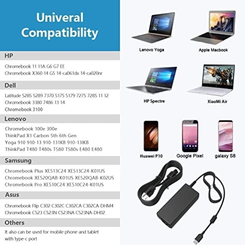 Cargador portátil USB C Tipo C de 45W YBRUZRUB Compatible con HP Chromebook