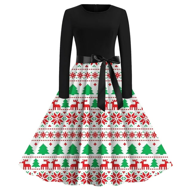 Robes de Fête de Noël pour Femmes 2024 Vintage Nouveau Col Rond Mode Imprimé Manches Longues Grande Robe Évasée (Taille: S)