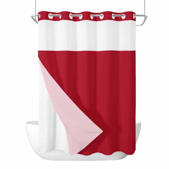 No Hook Pure Red Shower Curtain with Snap in Liner Set, Simple Solid Color Waterproof Fabric Bathroom Curtains with See Through Top Window, Hotel Style Long 72 x 84 Inch