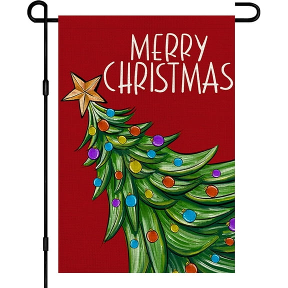 Merry Christmas Garden Flags Burlap 12x18 Inch Double Sided, Xmas Tree Sign Seasonal Winter Holiday Yard Outdoor Decor DF378