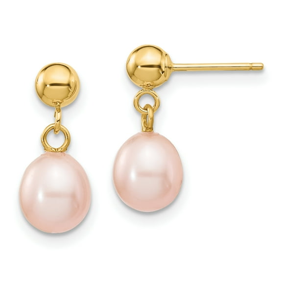 Primal Gold 14 Karat Yellow Gold 6-7mm Pink Rice Freshwater Cultured Pearl Dangle Post Earrings