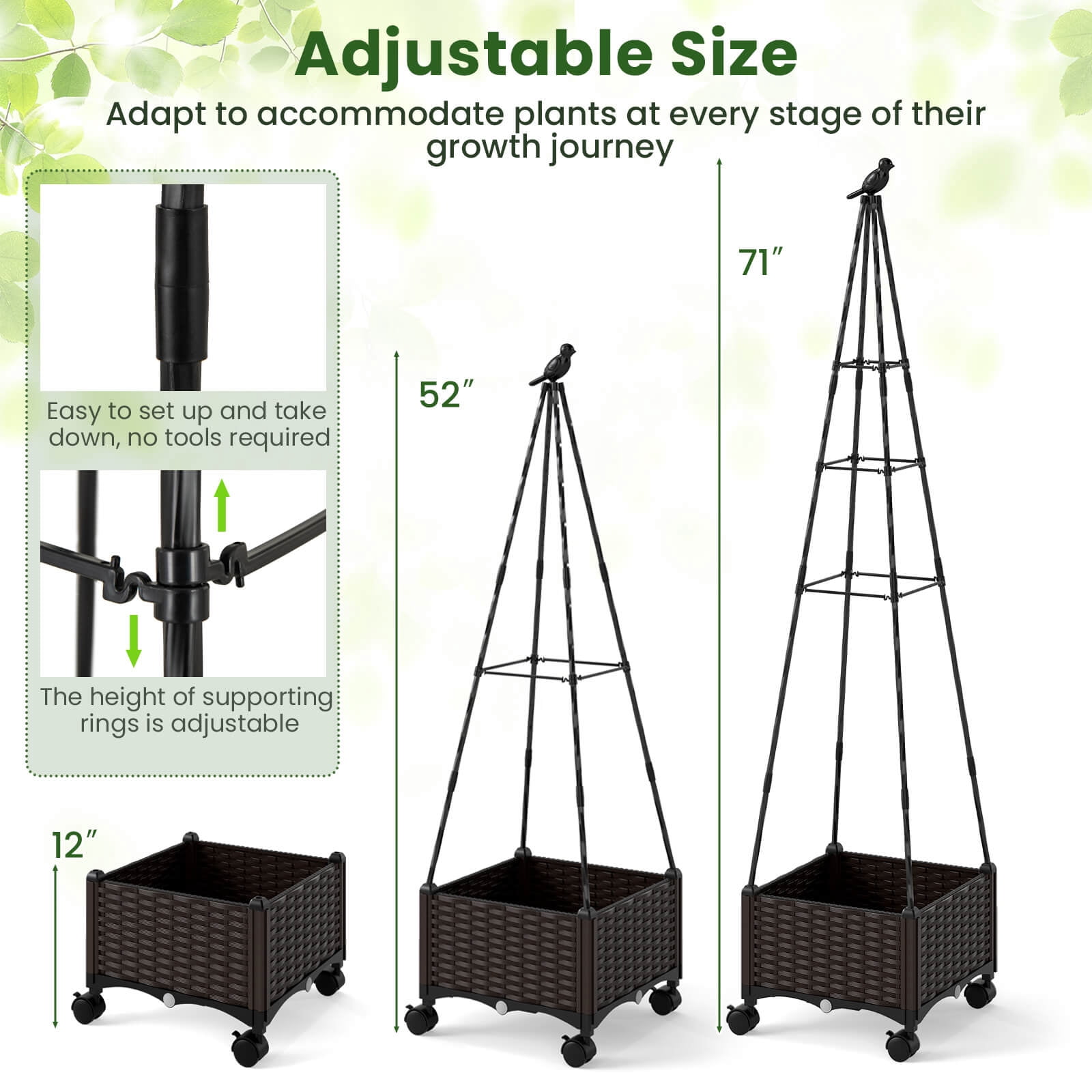 Costway 2 PCS Raised Garden Bed with Plant Box & Obelisk Trellis Lockable Wheels Cage Planter