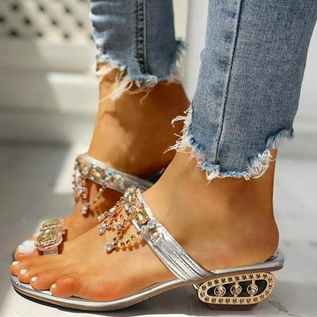 

Tangnade Winter Clearance Ladies Fashion Crystal Outdoor Toe Ring Slippers Thick Heel Party Shoes for Women