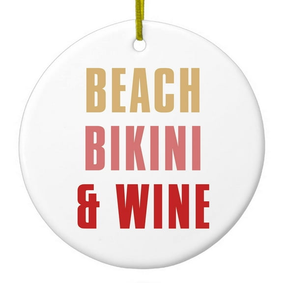 DistinctInk Hanging Ceramic Christmass Tree Ornament with Gold String - Great Gift / Present - 2 3/4 inch diameter - Beach Bikini & Wine