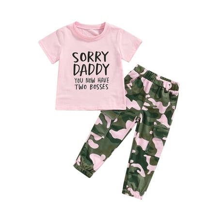 

Chollius 2Pcs Toddler Baby Girl Casual Summer Outfits 2T 3T 4T 5T Girls Funny Letter Pattern Round Neck Short Sleeve T-shirt Tops Camouflage Trousers
