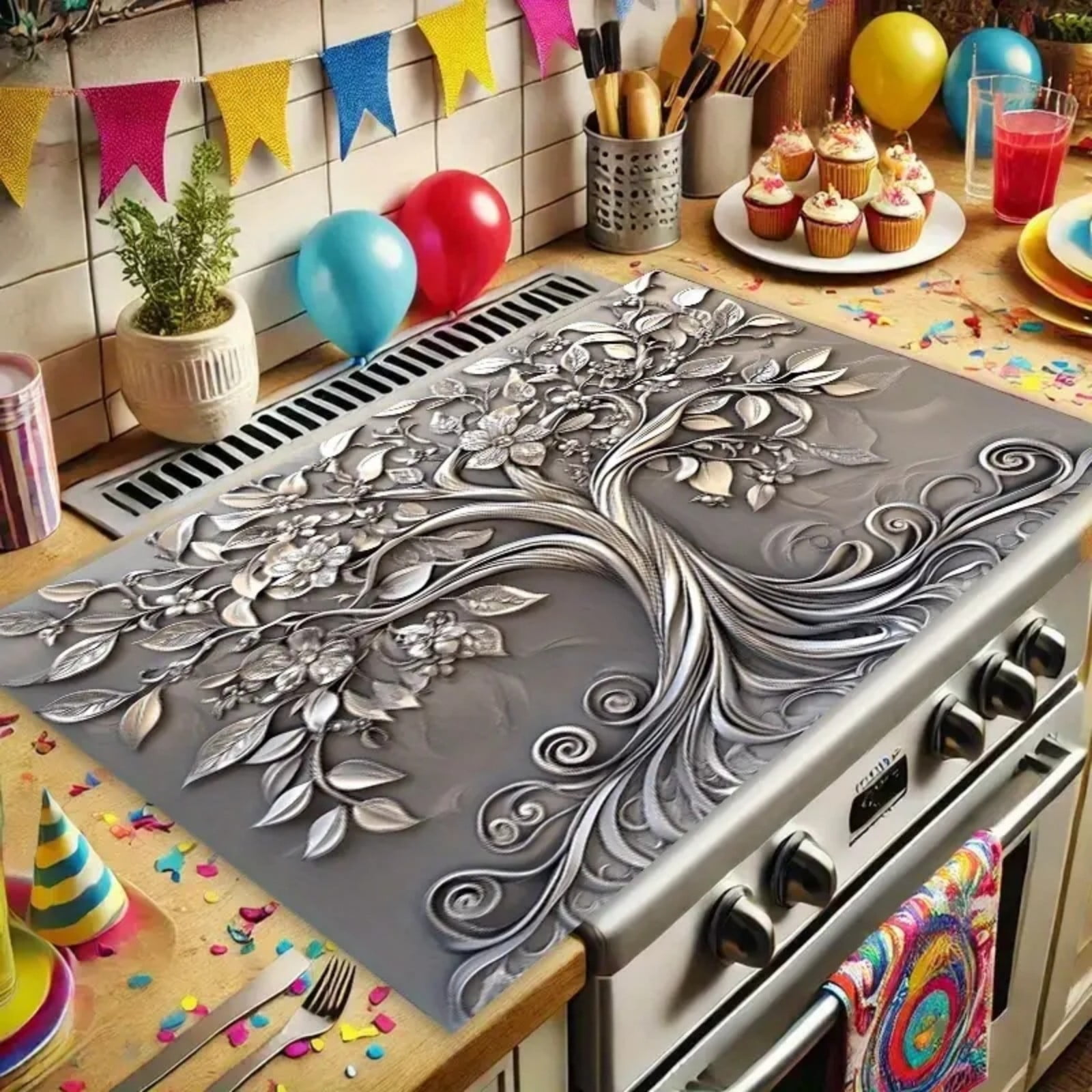 Woveruco Ornate Tree Design Stove Cover Protector, Heat-Resistant Cooktop Cover Noodle Board for Electric/Gas/RV Stove, 28.3 x 20.4 Inches