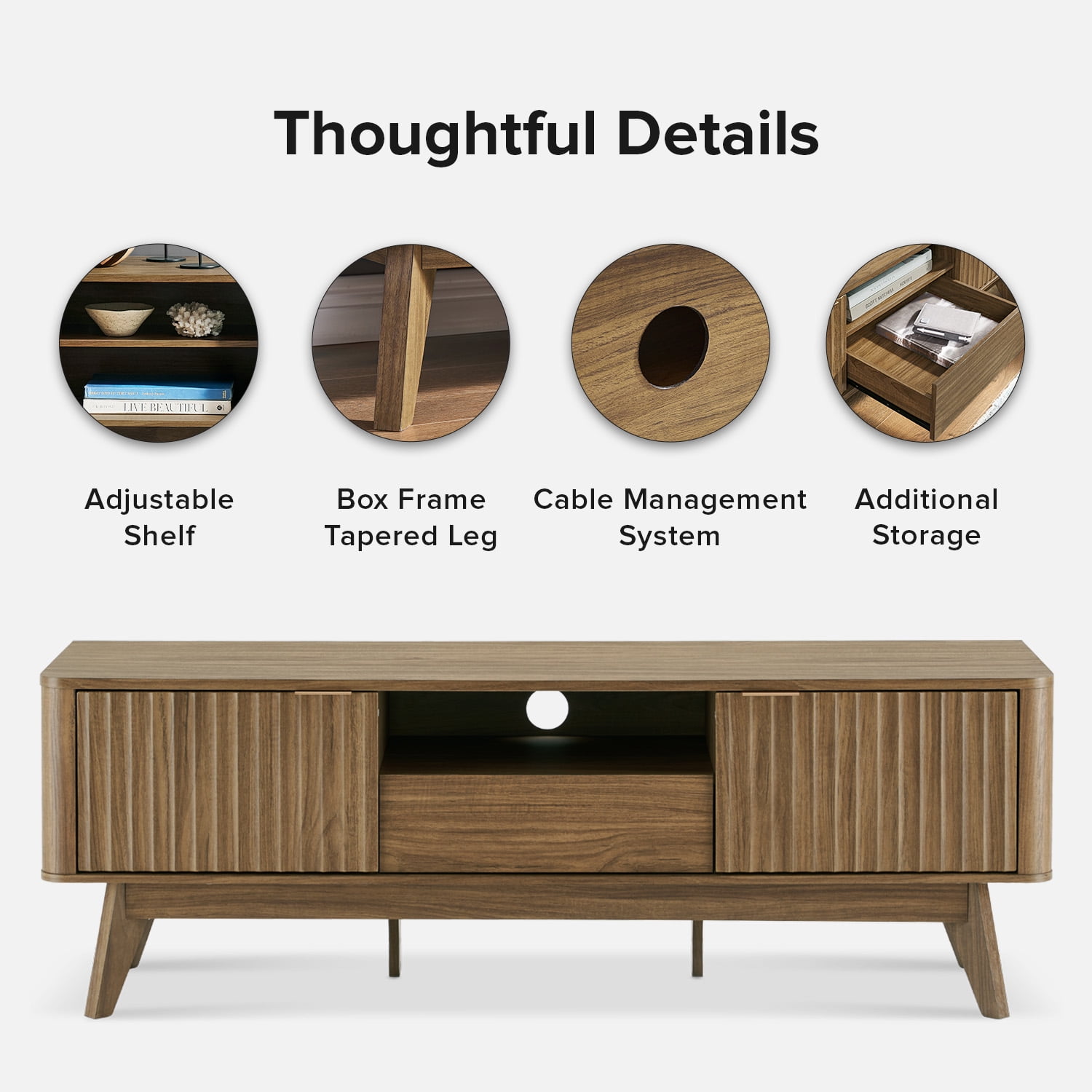 Mopio Brooklyn Mid-Century Modern 57" TV Stand for TVs up to 59”, Fluted Panel, Sturdy Legs (Walnut)