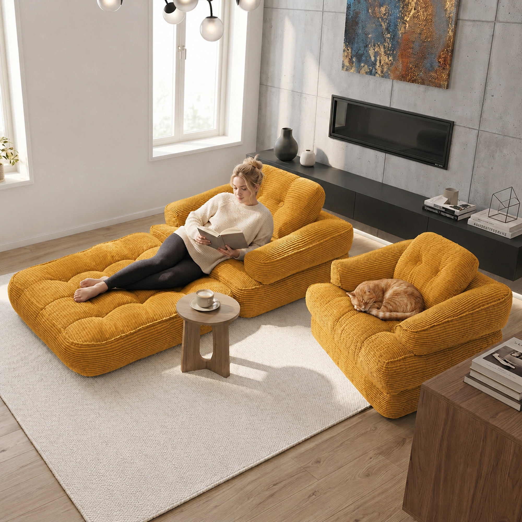 Leumius Folding Sofa Bed, Convertible Sofa Bed with Armrest, Corduroy Boneless Foldable Bed, 2-in-1 Portable Sofa Bed with Pillows for Bedroom, Living Room, Homestay, Game Room Orange