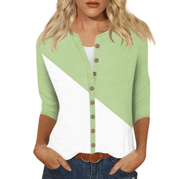 Fouhkni 3/4 Sleeves Shirts for Women Dressy Casual Button down Blouses Color Block Fall Outwear Coat