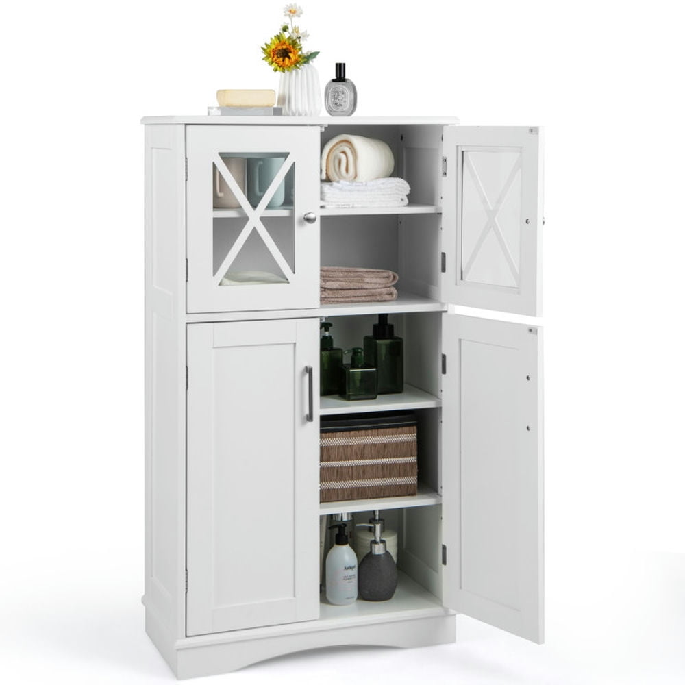 Finihen Bathroom Storage Cabinet, Bathroom Floor Cabinet, 4 Doors Freeestanding Bathroom Floor Cabinet with Adjustable Shelves, for Bathroom, Living Room, Bedroom, Kitchen, White Finihen Bathroom Storage Cabinet, Bathroom Floor Cabinet, 4 Doors Freeestanding Bathroom Floor Cabinet with Adjustable Shelves, for Bathroom, Living Room, Bedroom, Kitchen, White